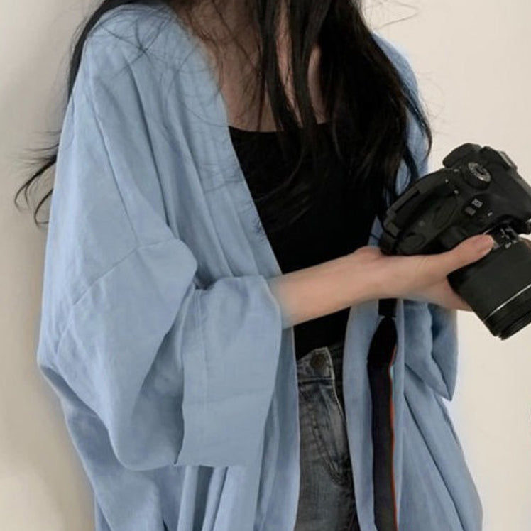 韓版簡約慵懶風寬鬆中長款薄防曬罩衫 2XS 卡其色 素面 聚酯纖維 長袖 常規 無 春夏 其他 開衫 20-40代