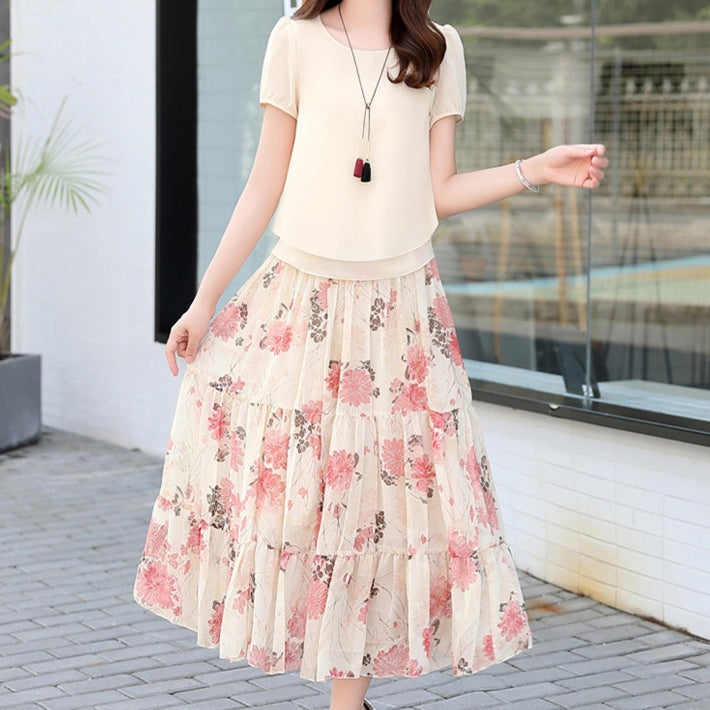 韓系優雅氣質拼接碎花圓領假兩件印花洋裝 5XL 米色 素面 夏 套頭 Ａ字裙 到小腿處 高腰 常規 短袖 棉