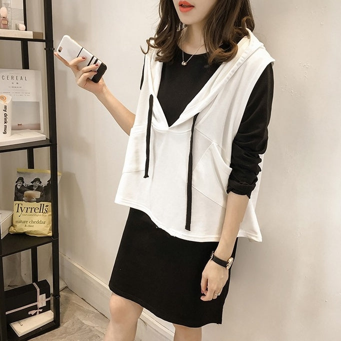 新品來襲韓版寬鬆連帽背心+長袖黑色連身短洋裝 5XL 白色套裝 素面 聚酯纖維 無袖 簡約 休閑 前圓後連袖 流蘇（一束） 無 直筒 春夏 套頭 20-50代
