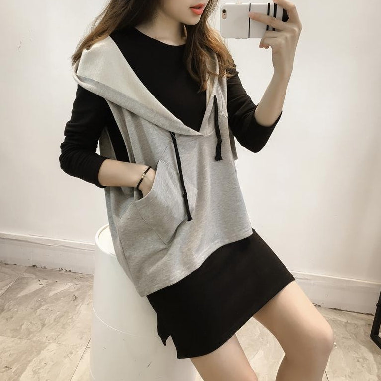 新品來襲韓版寬鬆連帽背心+長袖黑色連身短洋裝 5XL 灰色套裝 素面 聚酯纖維 無袖 簡約 休閑 前圓後連袖 流蘇（一束） 無 直筒 春夏 套頭 20-50代