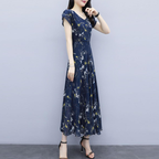 優雅 視覺顯瘦 浪漫女人 碎花 Ａ字裙 雪紡 印花洋裝 M 藍色