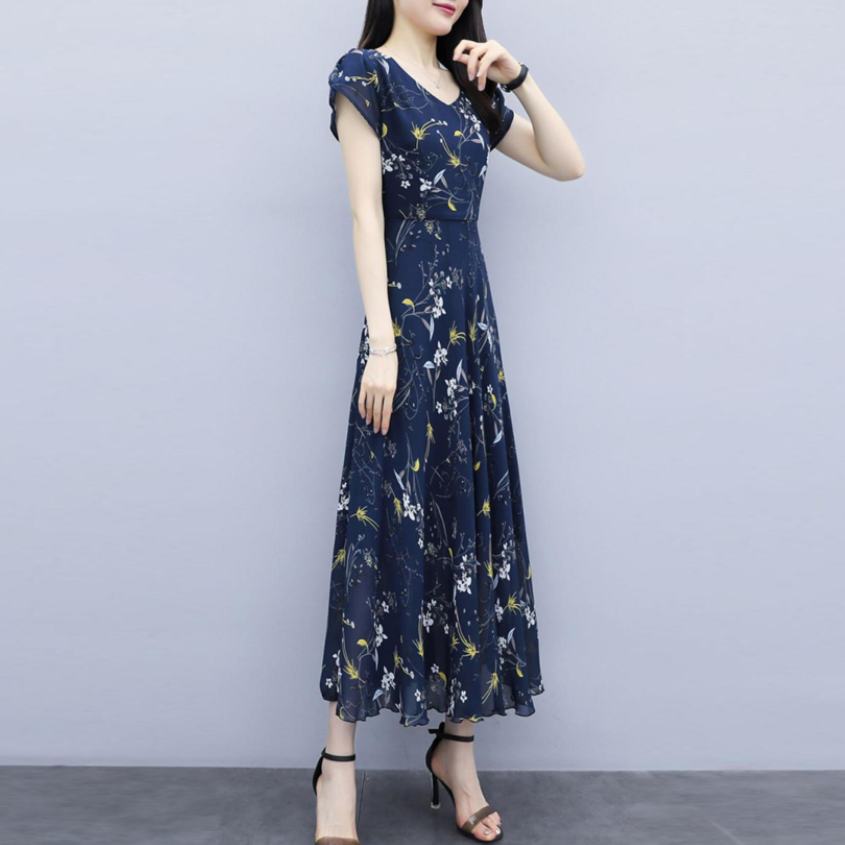 優雅 視覺顯瘦 浪漫女人 碎花 Ａ字裙 雪紡 印花洋裝 M 藍色
