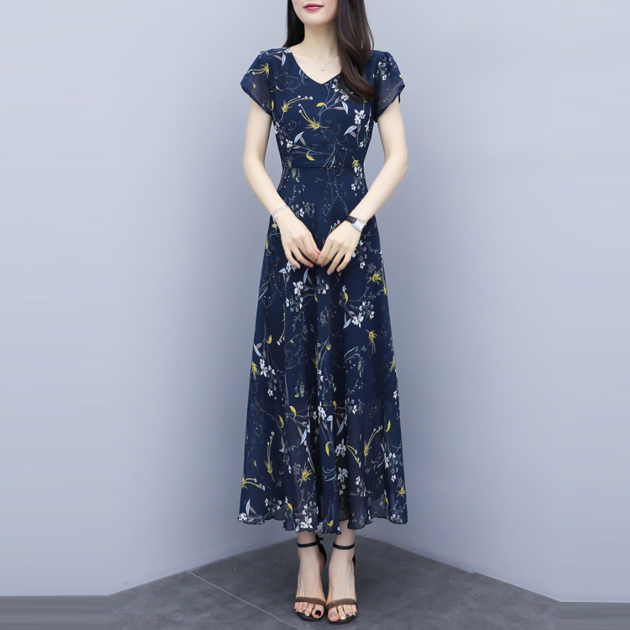 優雅 視覺顯瘦 浪漫女人 碎花 Ａ字裙 雪紡 印花洋裝 M 藍色