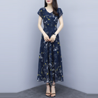 優雅 視覺顯瘦 浪漫女人 碎花 Ａ字裙 雪紡 印花洋裝 M 藍色