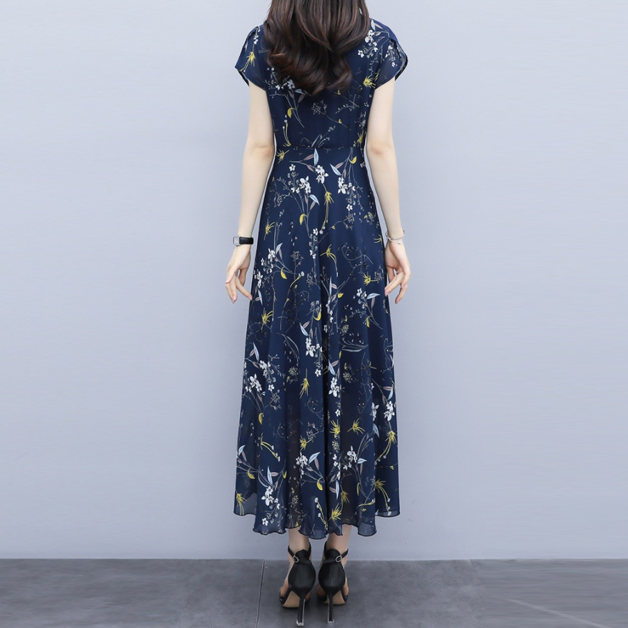 優雅 視覺顯瘦 浪漫女人 碎花 Ａ字裙 雪紡 印花洋裝 M 藍色