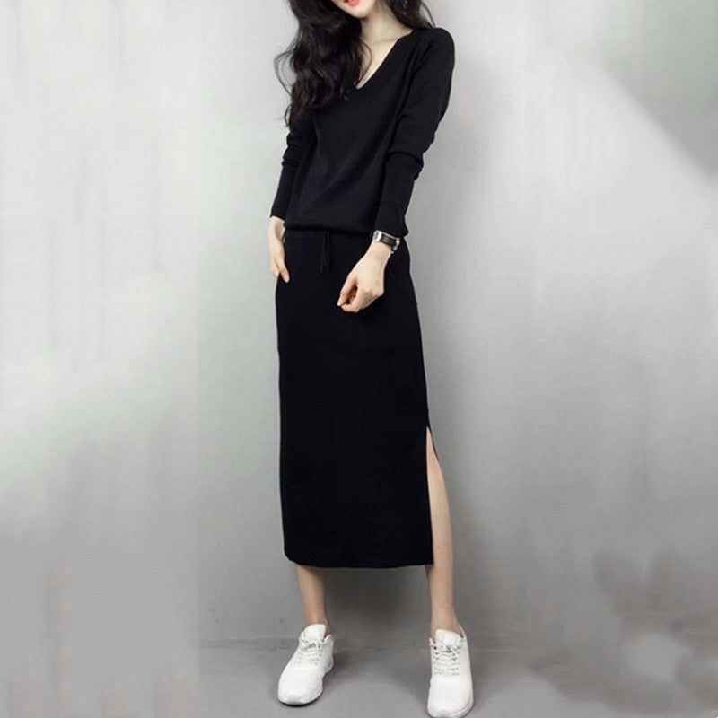 （黑色,灰色/M-3XL）經典簡約 素面 長袖 綁帶 開叉 V領 長洋裝 S 深灰色