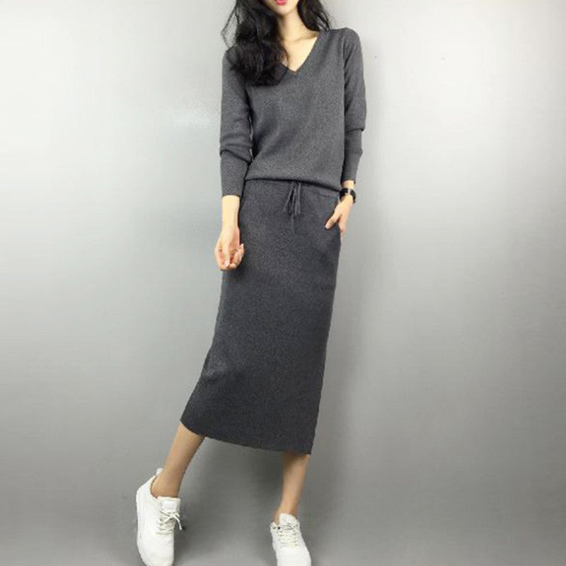 （黑色,灰色/M-3XL）經典簡約 素面 長袖 綁帶 開叉 V領 長洋裝 S 深灰色