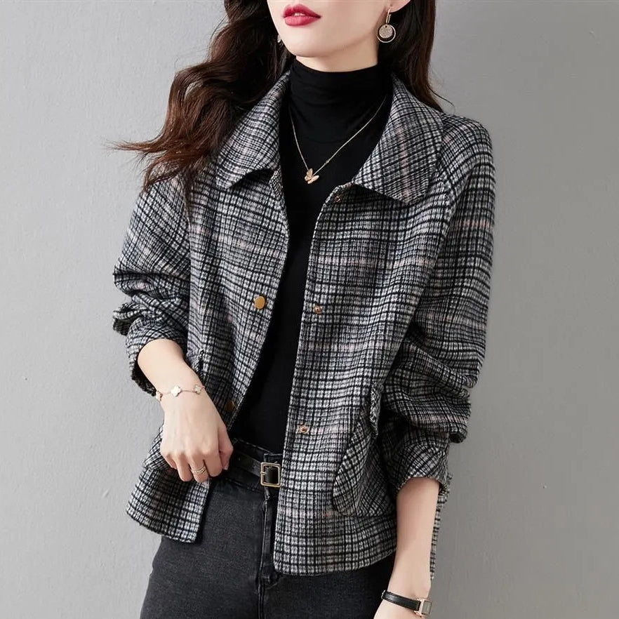 超好搭配時尚優雅翻領格紋紐扣休閒夾克 M 圖片色 春秋 春夏 秋冬 春 秋 冬 單排扣 聚酯纖維 一般 拼接 常規 韓版 長袖 顯瘦