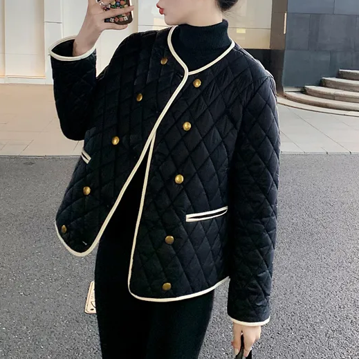 氣質微奢小香風短款菱格雙排釦圓領棉服 M 米白色 撞色 聚酯纖維 長袖 韓版 輕熟 優雅 常規 紐扣 雙排扣 20-40代 好感度升級 寬鬆感 通勤 商務 秋 冬