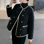 氣質微奢小香風短款菱格雙排釦圓領棉服 M 米白色 撞色 聚酯纖維 長袖 韓版 輕熟 優雅 常規 紐扣 雙排扣 20-40代 好感度升級 寬鬆感 通勤 商務 秋 冬