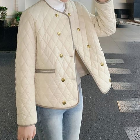 氣質微奢小香風短款菱格雙排釦圓領棉服 M 米白色 撞色 聚酯纖維 長袖 韓版 輕熟 優雅 常規 紐扣 雙排扣 20-40代 好感度升級 寬鬆感 通勤 商務 秋 冬