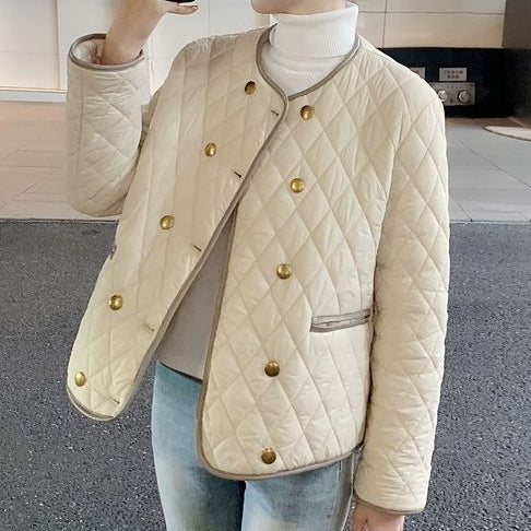 氣質微奢小香風短款菱格雙排釦圓領棉服 3XL 米白色 撞色 聚酯纖維 長袖 韓版 輕熟 優雅 常規 紐扣 雙排扣 20-40代 好感度升級 寬鬆感 通勤 商務 秋 冬