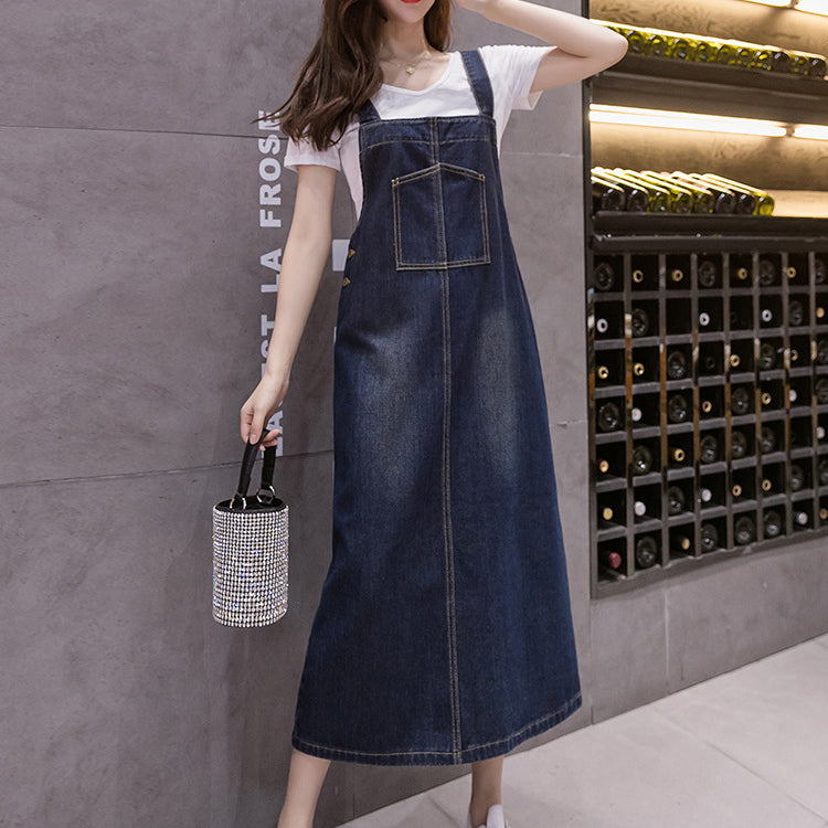 韓版 減齡 吊帶 紐扣 開叉 長款 A字裙 牛仔洋裝 S 藍色
