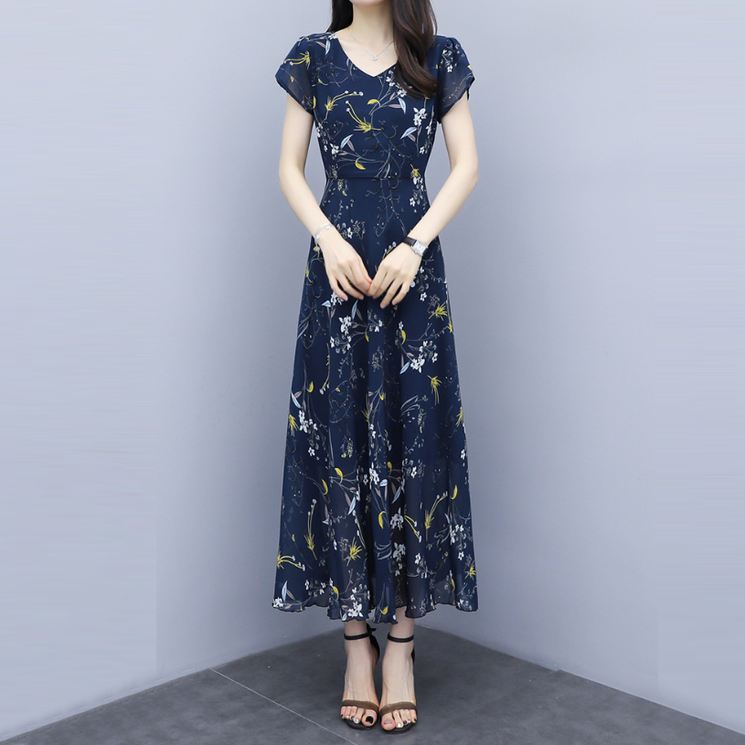 優雅 視覺顯瘦 浪漫女人 碎花 Ａ字裙 雪紡 印花洋裝 3XL 藍色