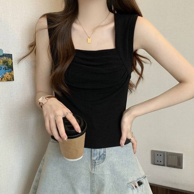 韓版簡約舒服軟糯方領褶皺素色打底外穿背心 4XL 黑色 素面 聚酯纖維 無袖 壓褶 一般 夏 套頭 20-40代
