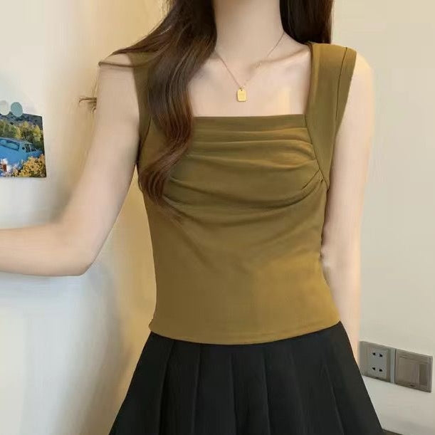 韓版簡約舒服軟糯方領褶皺素色打底外穿背心 4XL 芥末黃 素面 聚酯纖維 無袖 壓褶 一般 夏 套頭 20-40代