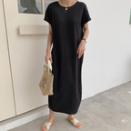 人氣 美型簡約 開叉 純色 圓裙 長款 圓領 春夏 針織洋裝 均碼 黑色 素面 秋 無 自然骨架 20-40代 套頭 紐扣 常規 短袖 直筒