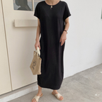 人氣 美型簡約 開叉 純色 圓裙 長款 圓領 春夏 針織洋裝 均碼 米色 素面 秋 無 自然骨架 20-40代 套頭 紐扣 常規 短袖 直筒