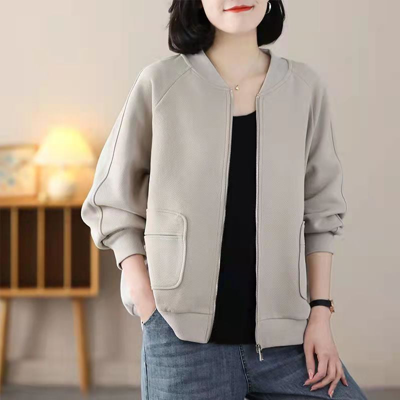 韓版時尚 顯瘦 寬鬆 拉鏈 長袖 素面 休閒夾克 3XL 杏色