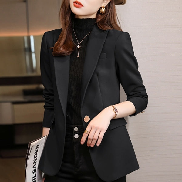 優雅簡約氣質通勤素面翻領小個子西裝外套 M 淺棕色 聚酯纖維 長袖 工作 常規 紐扣 一般 春 秋