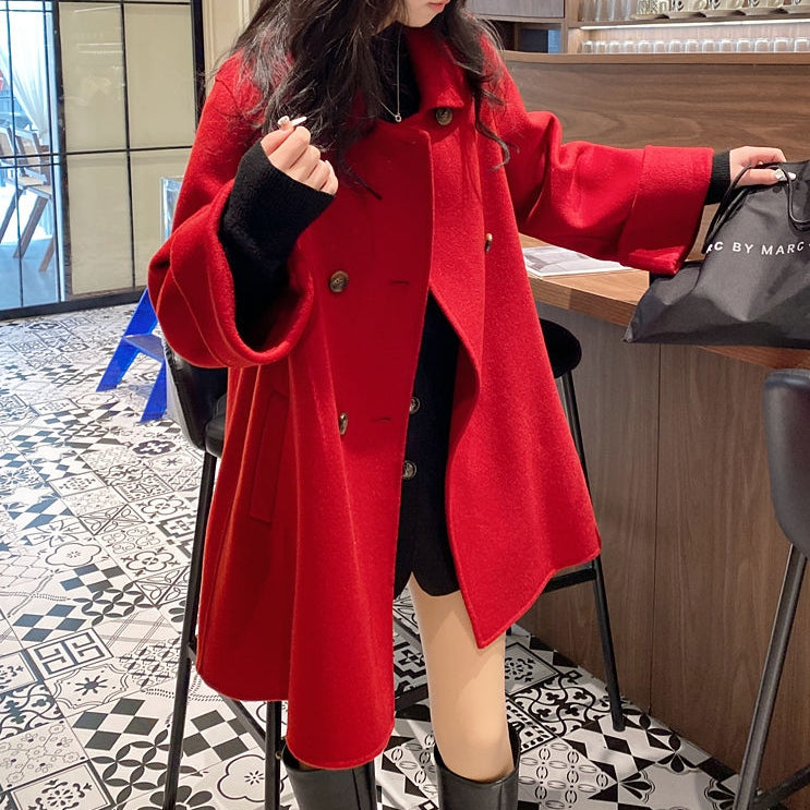百搭時髦韓版雙排釦翻領斗篷呢子大衣風衣外套 2XL 暗紅色 素面 秋 冬 通勤 假日/出外 約會 遮肉 雙排扣 一般 呢絨/毛呢 紐扣 常規 清爽休閒 自然 簡約 長袖