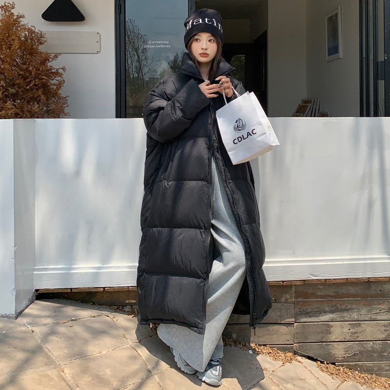 韓版時尚寬鬆立領大棉被長款拉鏈保暖防寒棉服 2XL 黑色 素面 聚酯纖維 長袖 簡約 常規 無 高領 封閉式背 顯瘦 假日/出外 居家 秋冬