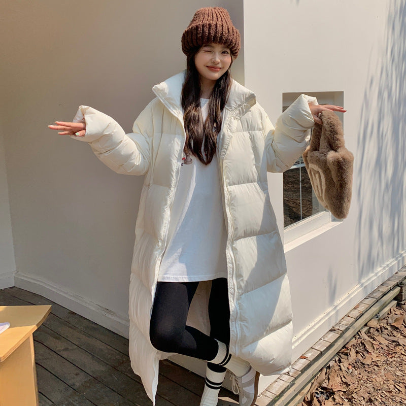韓版時尚寬鬆立領大棉被長款拉鏈保暖防寒棉服 2XL 白色 素面 聚酯纖維 長袖 簡約 常規 無 高領 封閉式背 顯瘦 假日/出外 居家 秋冬
