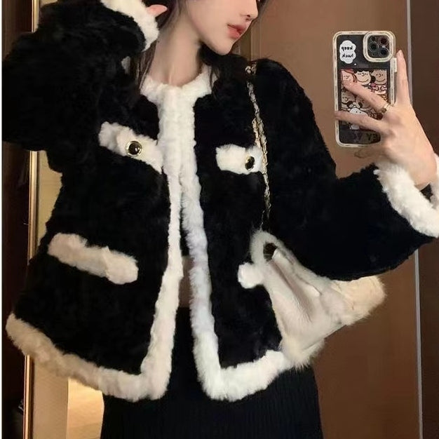 氣質優雅法式復古小香風韓版撞色圓領毛絨外套 2XL 黑色 10-20代 封閉式背 名媛高檔風 時尚 輕熟 常規 拼接 一般 冬 秋 秋冬 單排扣 聚酯纖維 羊羔毛 直筒 20-40代 自然骨架 曲線骨架 遮肉 合身 正常碼 假日/出外 通勤
