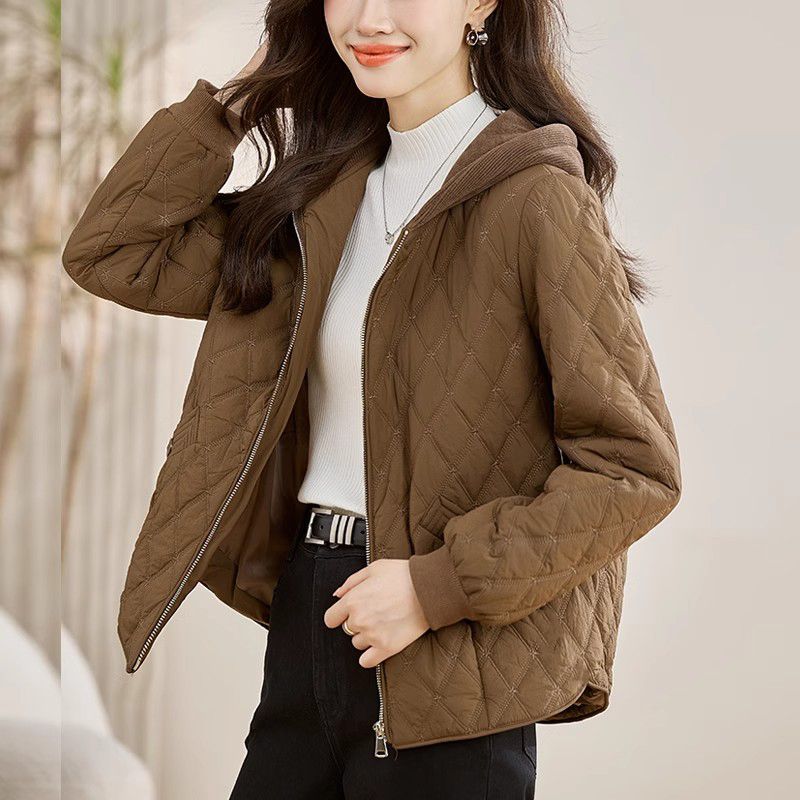 休閒質感復古菱格拉鏈連帽外套棉服 4XL 咖色 撞色 封閉式背 耐久性 同學會 女子會 約會 寬鬆感 遮肉 自然骨架 寬鬆 30-50代 聚酯纖維 一般 拼接 常規 休閑 時尚 簡約 長袖 柔軟 春秋 秋冬