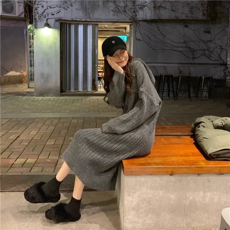 韓版時尚百搭寬鬆連帽顯瘦坑條針織長洋裝 S 灰色 素面 長袖 復古 無 中腰 圓裙 春秋 秋冬 春 秋 冬