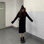 韓版時尚百搭寬鬆連帽顯瘦坑條針織長洋裝 S 灰色 素面 長袖 復古 無 中腰 圓裙 春秋 秋冬 春 秋 冬