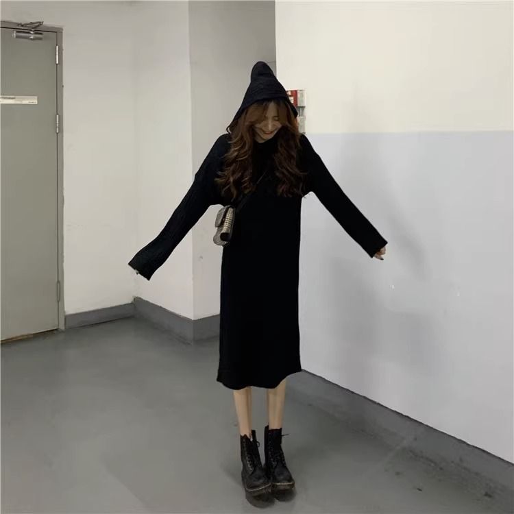 韓版時尚百搭寬鬆連帽顯瘦坑條針織長洋裝 S 灰色 素面 長袖 復古 無 中腰 圓裙 春秋 秋冬 春 秋 冬