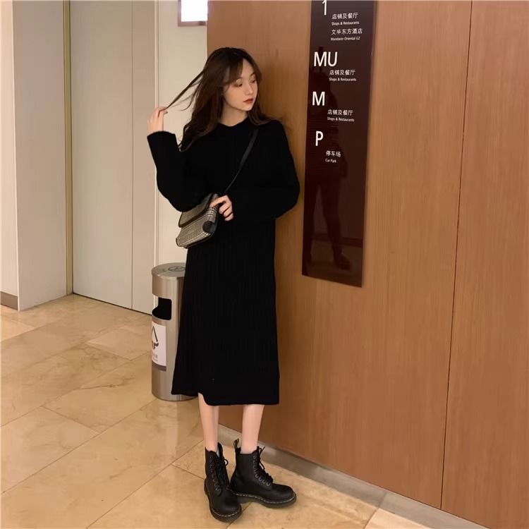 韓版時尚百搭寬鬆連帽顯瘦坑條針織長洋裝 S 灰色 素面 長袖 復古 無 中腰 圓裙 春秋 秋冬 春 秋 冬