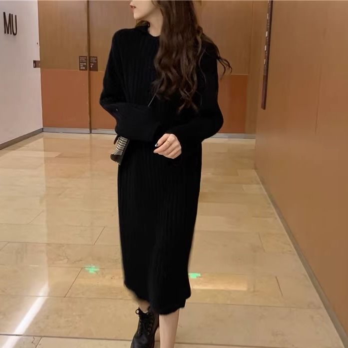 韓版時尚百搭寬鬆連帽顯瘦坑條針織長洋裝 XL 黑色 素面 長袖 復古 無 中腰 圓裙 春秋 秋冬 春 秋 冬