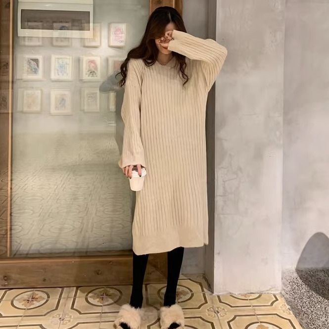 韓版時尚百搭寬鬆連帽顯瘦坑條針織長洋裝 XL 杏色 素面 長袖 復古 無 中腰 圓裙 春秋 秋冬 春 秋 冬