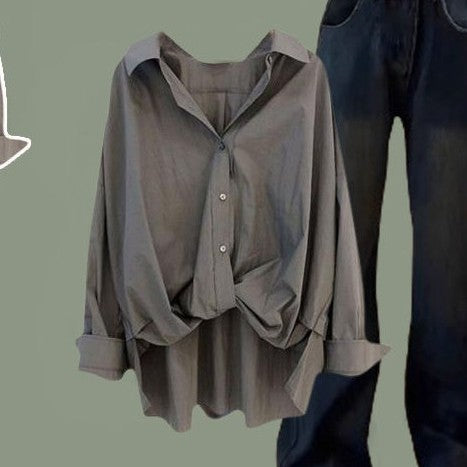 【兩件套/可分售】顯瘦 翻領 單排扣 素面 襯衫+高腰 牛仔褲 套裝 M 灰色上衣/單品