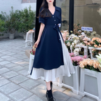 韓系簡約設計感不規則網紗拼接v領長洋裝 S 天藍 聚酯纖維 長袖 短袖 優雅 常規 綁帶 紐扣 高腰 Ａ字裙 夏 V領