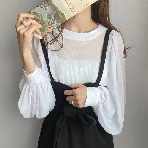 Korea正韓 溫柔好感 8色 吊帶+圓領 燈籠袖 寬鬆 襯衫 套裝 M 米色