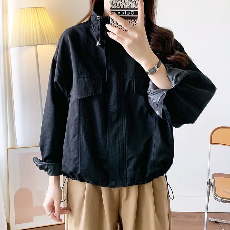設計感 立領 工裝風 拉鍊 百搭寬鬆 夾克 風衣外套 2XL 黑色 素面 秋 長袖 簡約 時尚 休閑 常規 短款 聚酯纖維 春 春秋 度假旅行 拉鏈 20-40代 封閉式背 直筒 自然骨架 高級感 合身 假日/出外 耐久性