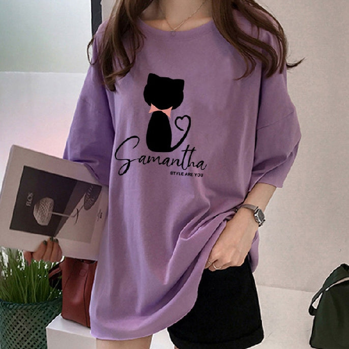 【10色】時髦百搭慵懶風貓咪印花圓領寬鬆T恤 2XL 紫色 棉 五分袖 套頭 夏 常規 休閑