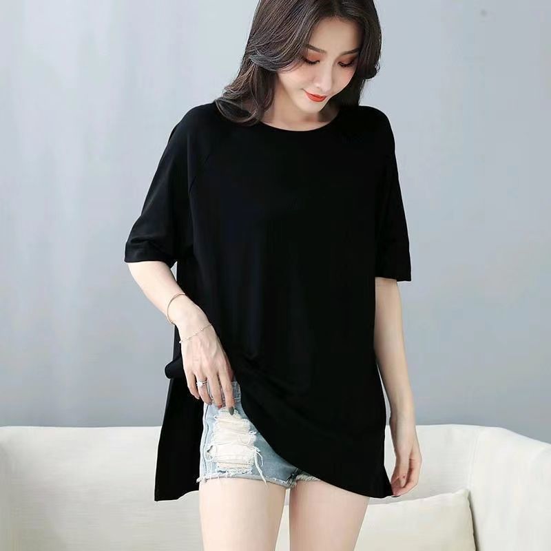 韓版寬鬆下擺兩邊開叉印花圓領短袖T恤 3XL 黑色 素面 棉 聚酯纖維 簡約 時尚 休閑 復古 常規 春夏 春 夏