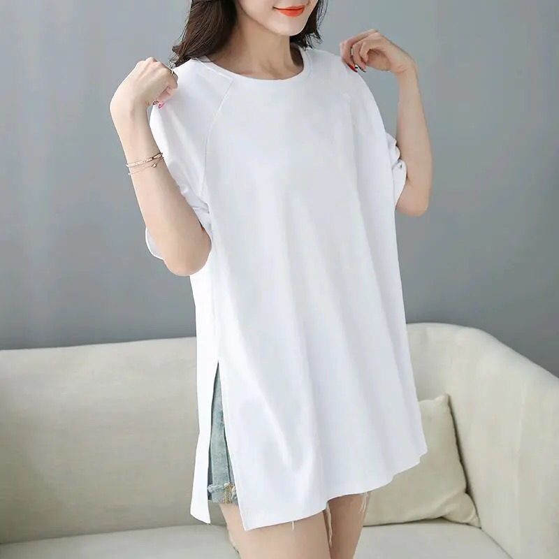 韓版寬鬆下擺兩邊開叉印花圓領短袖T恤 3XL 白色 素面 棉 聚酯纖維 簡約 時尚 休閑 復古 常規 春夏 春 夏