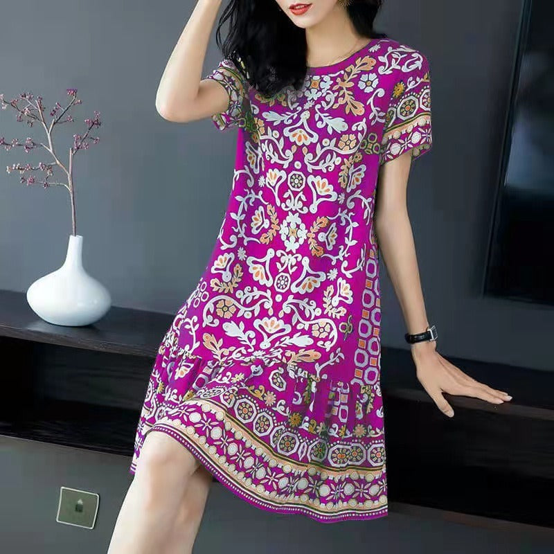 【8色】復古優雅碎花大尺碼圓領短袖短洋裝 S 藏青色 印花 聚酯纖維 簡約 休閑 常規 拼接 壓褶 無 膝上 Ａ字裙 夏 套頭