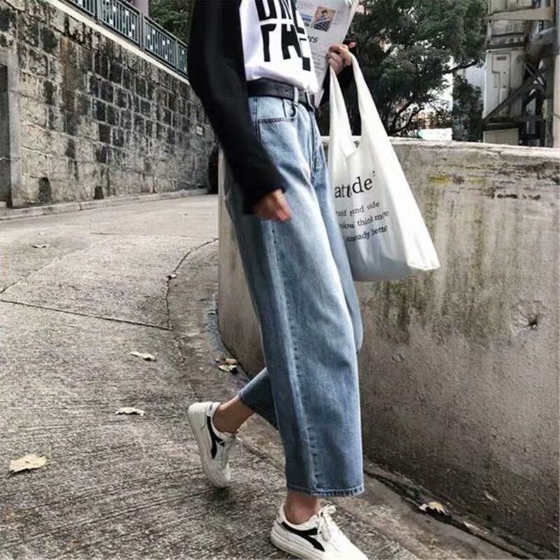 【40-100KG可穿】韓版百搭高腰寬鬆九分牛仔褲 S 天藍色 素面 牛仔布 時尚 休閑 拼接 九分褲 顯腿長 假日/出外 約會 春 夏 秋