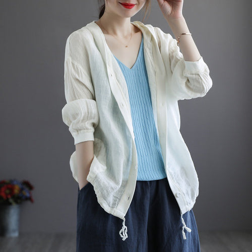 4色可選 寬鬆百搭 棉麻 連帽 防曬UV 單排扣 素面 透氣 罩衫 2XL 白色