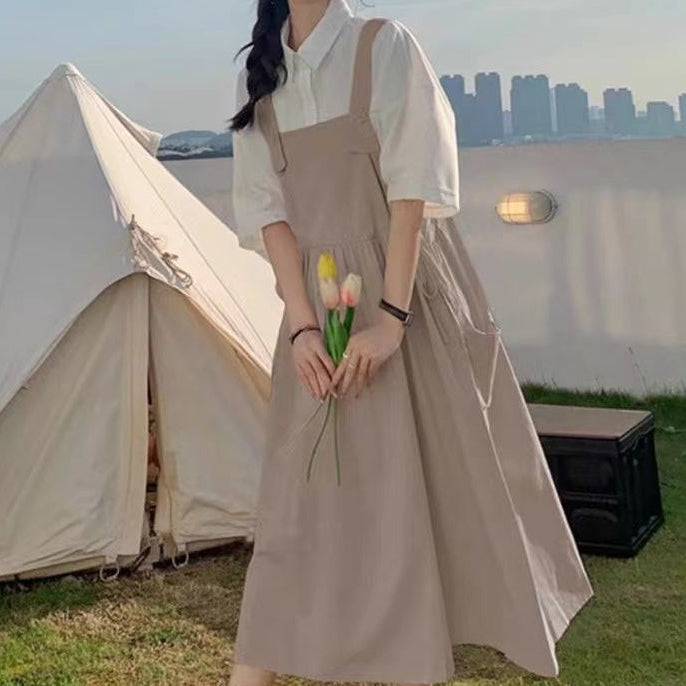 夏季日系韓版寬鬆學院甜美背帶洋裝襯衫兩件套 S 白色襯衫/單品 素面 聚酯纖維 10-20代 單排扣 套頭 翻領 吊帶 Ａ字裙 一般 高腰 壓褶 無袖 常規 簡約 五分袖 形象升級 春