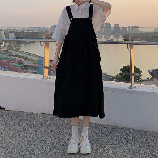 夏季日系韓版寬鬆學院甜美背帶洋裝襯衫兩件套 S 白色襯衫/單品 素面 聚酯纖維 10-20代 單排扣 套頭 翻領 吊帶 Ａ字裙 一般 高腰 壓褶 無袖 常規 簡約 五分袖 形象升級 春