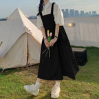 夏季日系韓版寬鬆學院甜美背帶洋裝襯衫兩件套 S 白色襯衫/單品 素面 聚酯纖維 10-20代 單排扣 套頭 翻領 吊帶 Ａ字裙 一般 高腰 壓褶 無袖 常規 簡約 五分袖 形象升級 春
