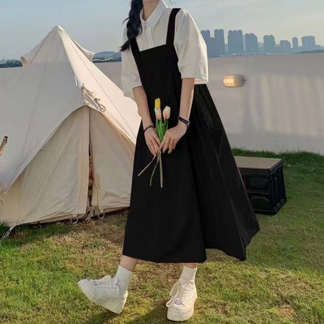 夏季日系韓版寬鬆學院甜美背帶洋裝襯衫兩件套 S 白色襯衫/單品 素面 聚酯纖維 10-20代 單排扣 套頭 翻領 吊帶 Ａ字裙 一般 高腰 壓褶 無袖 常規 簡約 五分袖 形象升級 春