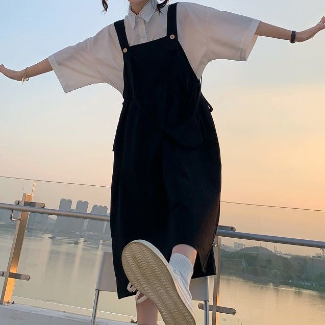 夏季日系韓版寬鬆學院甜美背帶洋裝襯衫兩件套 S 白色襯衫/單品 素面 聚酯纖維 10-20代 單排扣 套頭 翻領 吊帶 Ａ字裙 一般 高腰 壓褶 無袖 常規 簡約 五分袖 形象升級 春